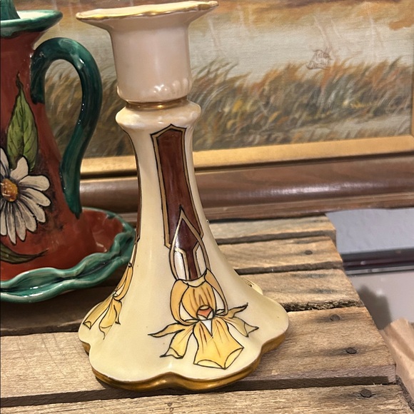 Other - Artistic Art Nouveau Hand Painted Cream and Brown Floral Candle Holder